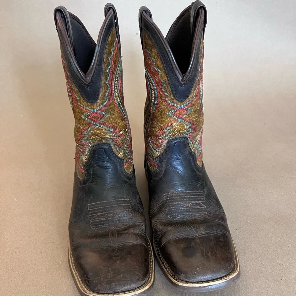 Durango Kids Lil Rebel Pro Burnt Orange & Brown Square Toe Leather Boots Size 8